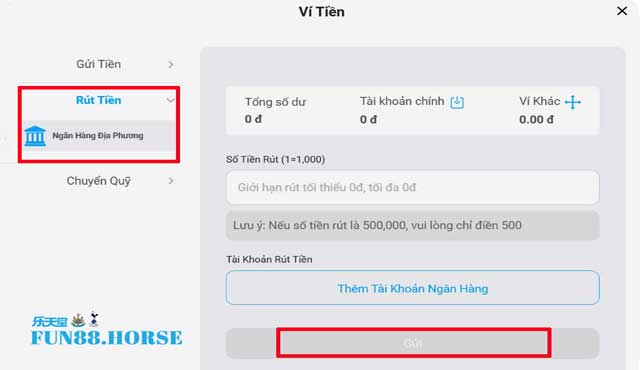 Thực hiện tạo lệnh rút tiền Fun88